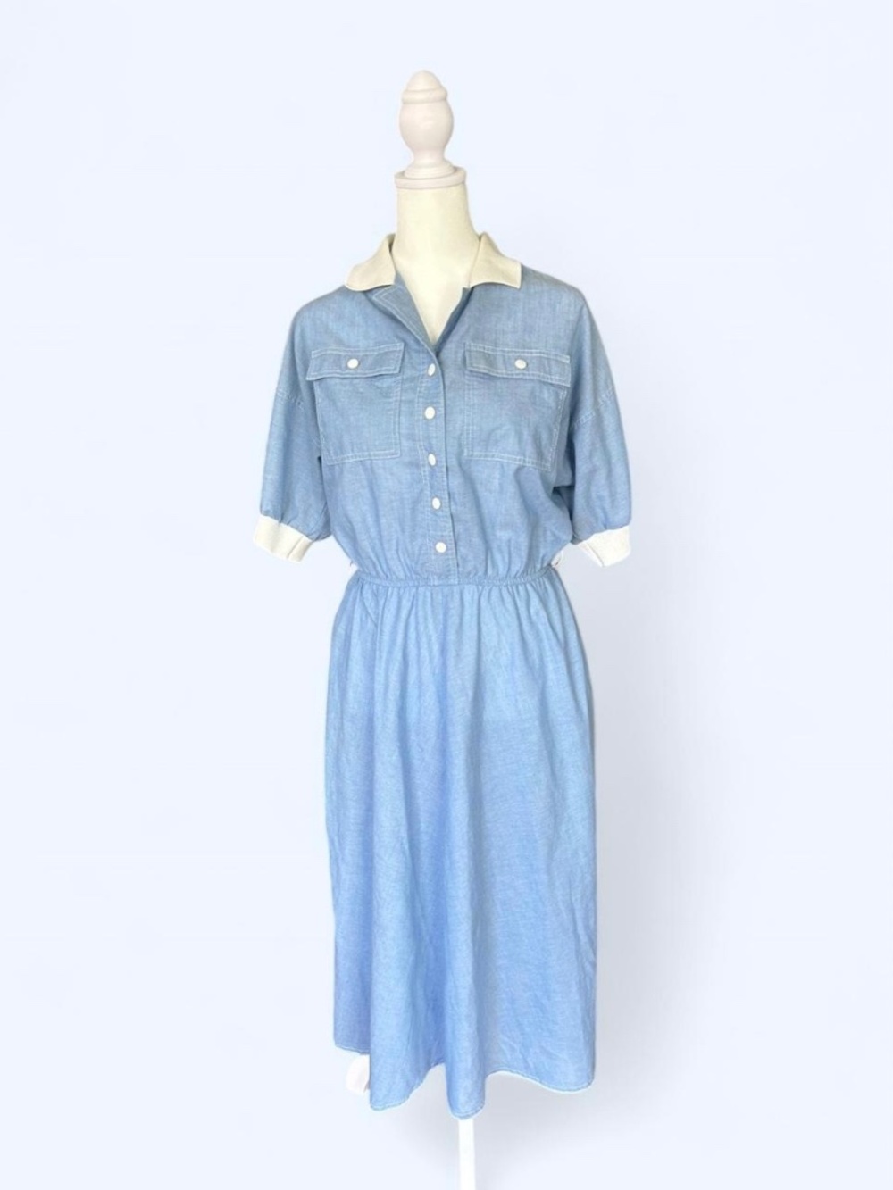 Vintage Women's Union Leslie Fay Blue Cotton Collared Synch Waist Dress- Size M